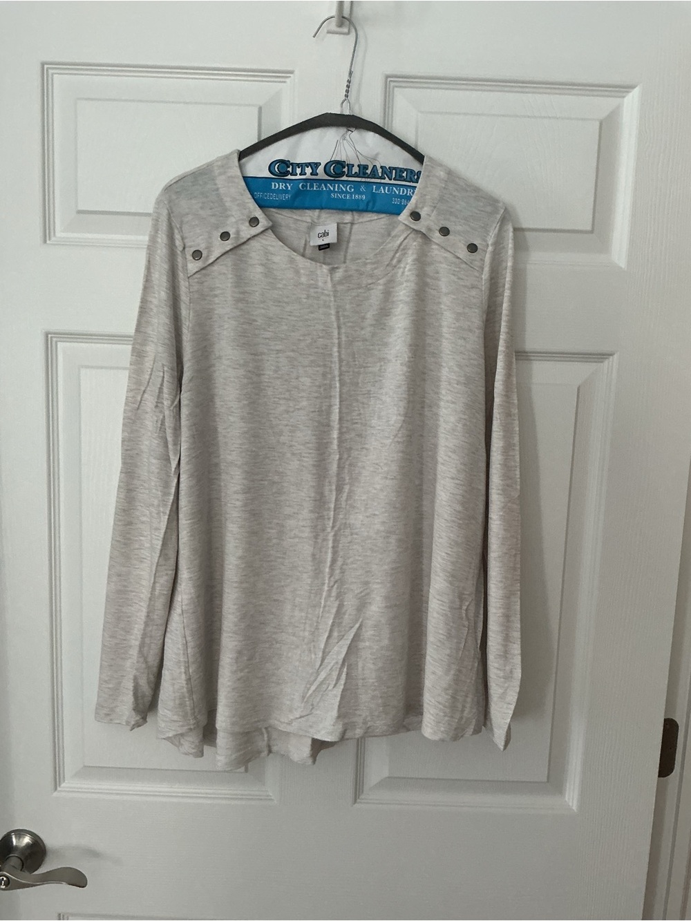 CAbi Heather Light Gray Long Sleeve Top with Shoulder Studs